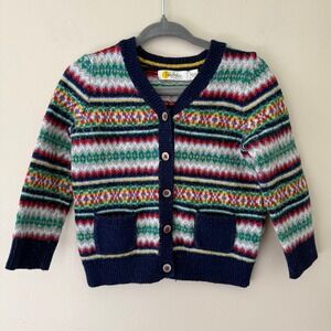 Baby Boden Toddler Fair Isle Knit Cardigan Sweater Navy Multi Color 18-24M 92cm
